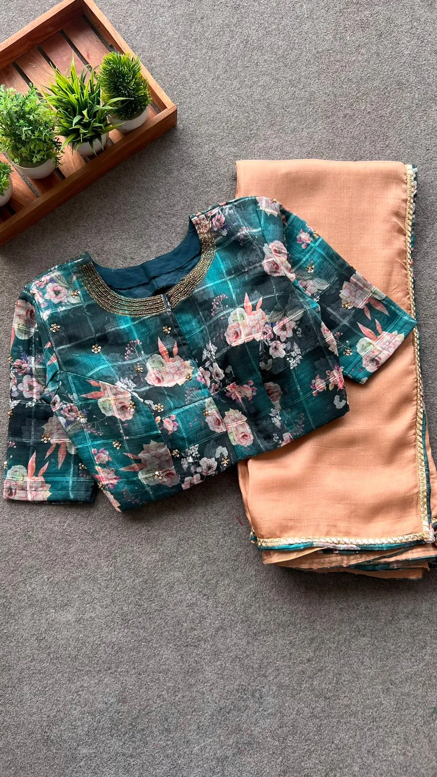Jute copper saree with floral handwork blouse