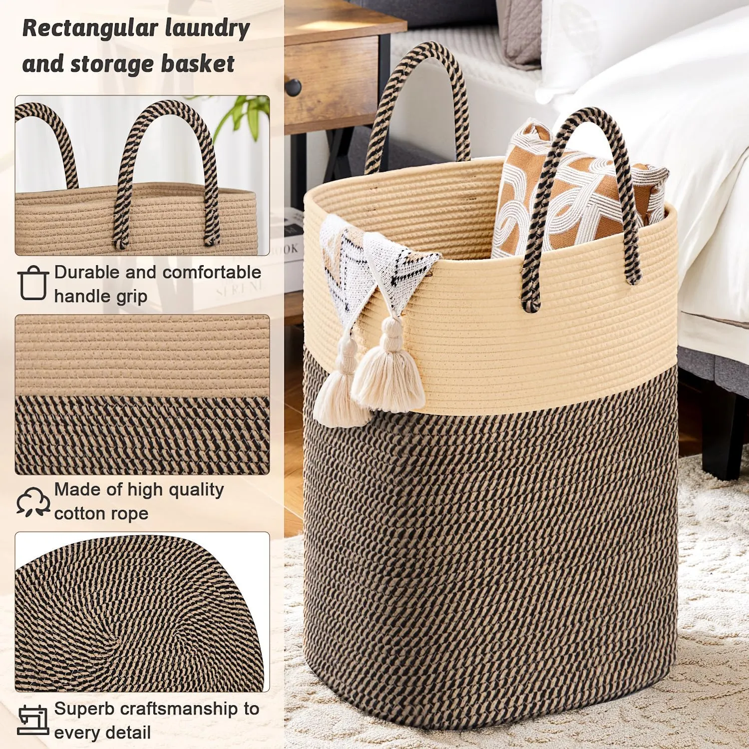 Laundry Basket,Woven Cotton Rope Laundry Hamper Sorters,100L Versatile Storage for Dirty Clothes,Baby Toys,and Blankets in Bathroom, Nursery,and Living Room