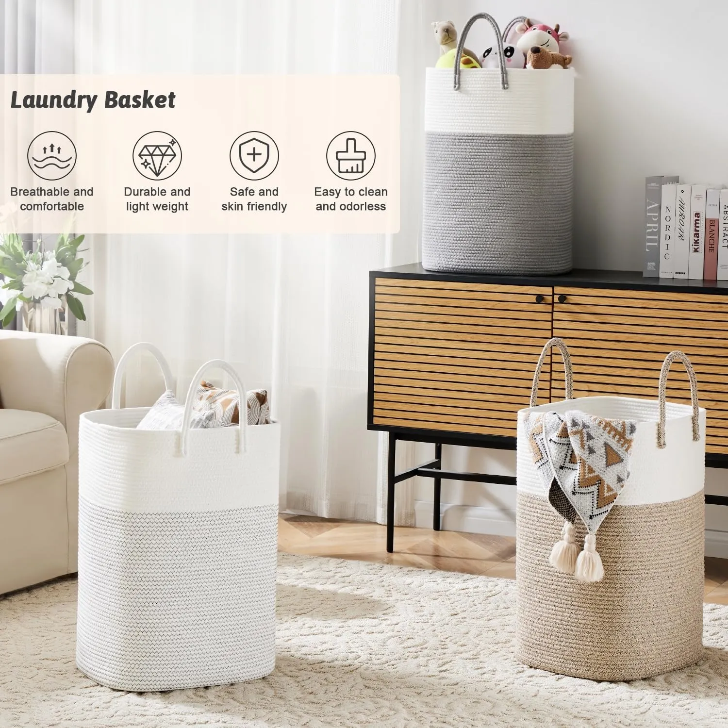 Laundry Basket,Woven Cotton Rope Laundry Hamper Sorters,100L Versatile Storage for Dirty Clothes,Baby Toys,and Blankets in Bathroom, Nursery,and Living Room