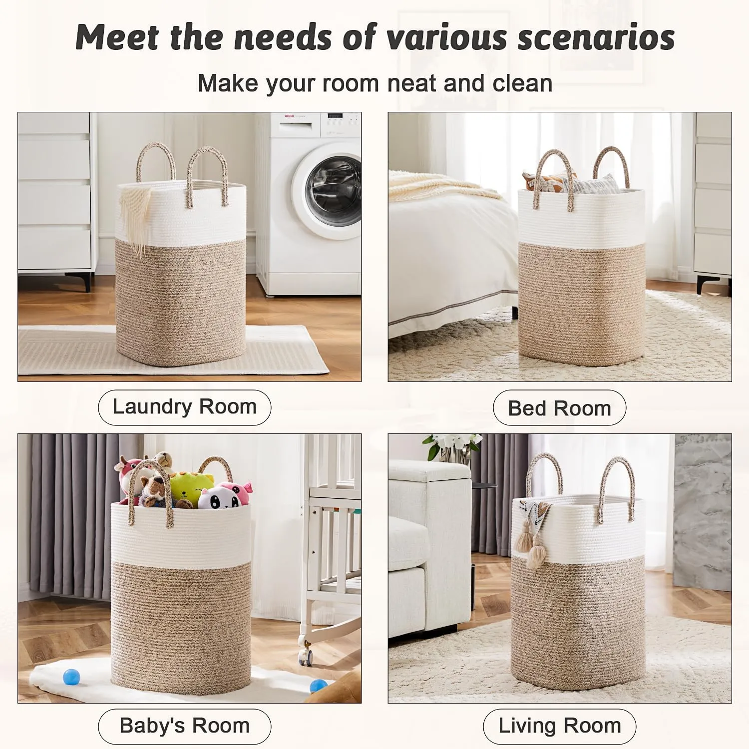 Laundry Basket,Woven Cotton Rope Laundry Hamper Sorters,100L Versatile Storage for Dirty Clothes,Baby Toys,and Blankets in Bathroom, Nursery,and Living Room