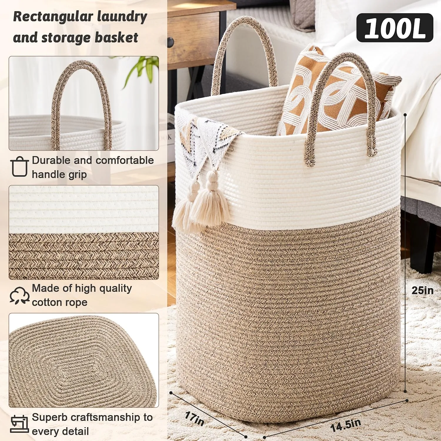 Laundry Basket,Woven Cotton Rope Laundry Hamper Sorters,100L Versatile Storage for Dirty Clothes,Baby Toys,and Blankets in Bathroom, Nursery,and Living Room