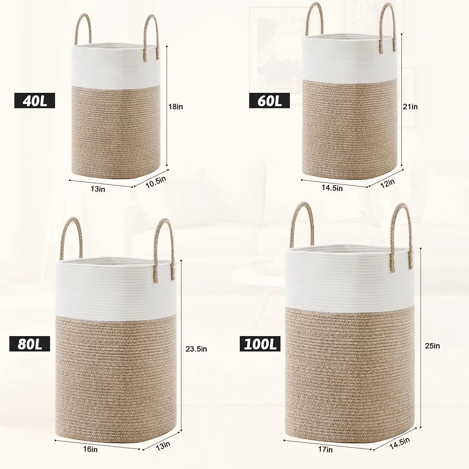 Laundry Basket,Woven Cotton Rope Laundry Hamper Sorters,100L Versatile Storage for Dirty Clothes,Baby Toys,and Blankets in Bathroom, Nursery,and Living Room