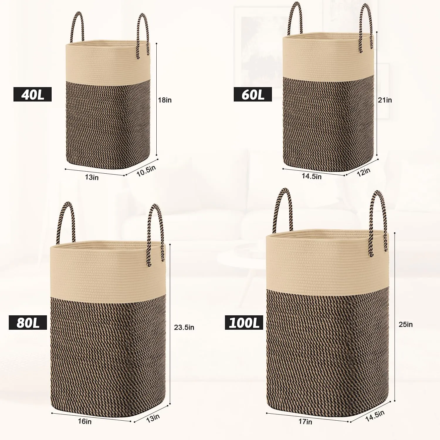 Laundry Basket,Woven Cotton Rope Laundry Hamper Sorters,100L Versatile Storage for Dirty Clothes,Baby Toys,and Blankets in Bathroom, Nursery,and Living Room