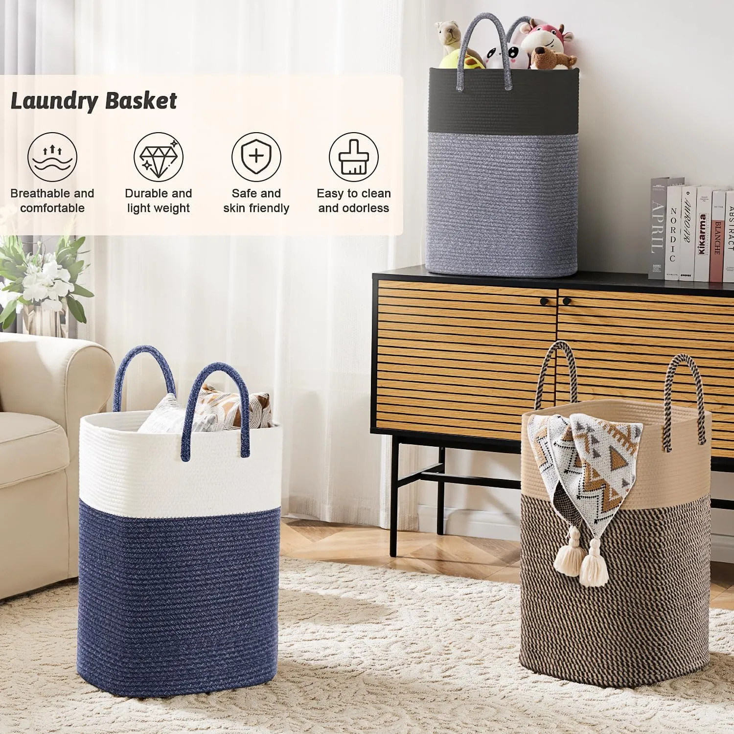 Laundry Basket,Woven Cotton Rope Laundry Hamper Sorters,100L Versatile Storage for Dirty Clothes,Baby Toys,and Blankets in Bathroom, Nursery,and Living Room
