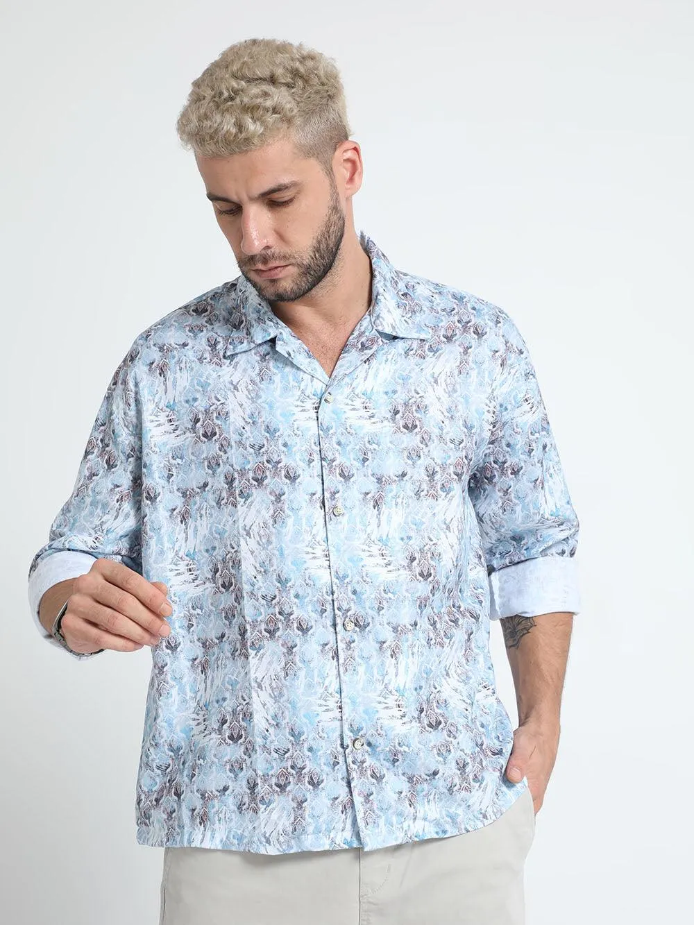 Men Oversized Cuban Collar Regent St Blue Shirt