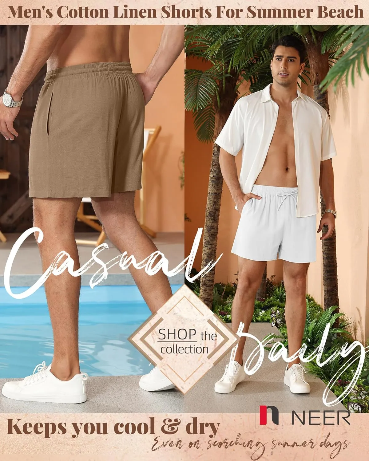 Neer 3 Pack Men's Cotton Linen Shorts Elastic Waist Drawstring Summer Casual Beach Shorts with Pockets