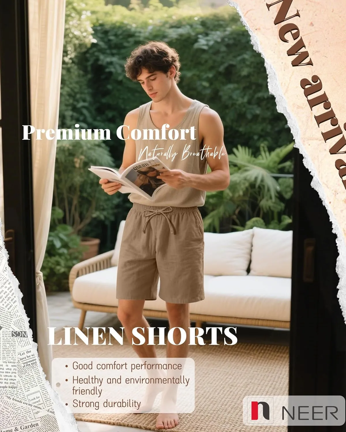Neer 3 Pack Men's Cotton Linen Shorts Elastic Waist Drawstring Summer Casual Beach Shorts with Pockets