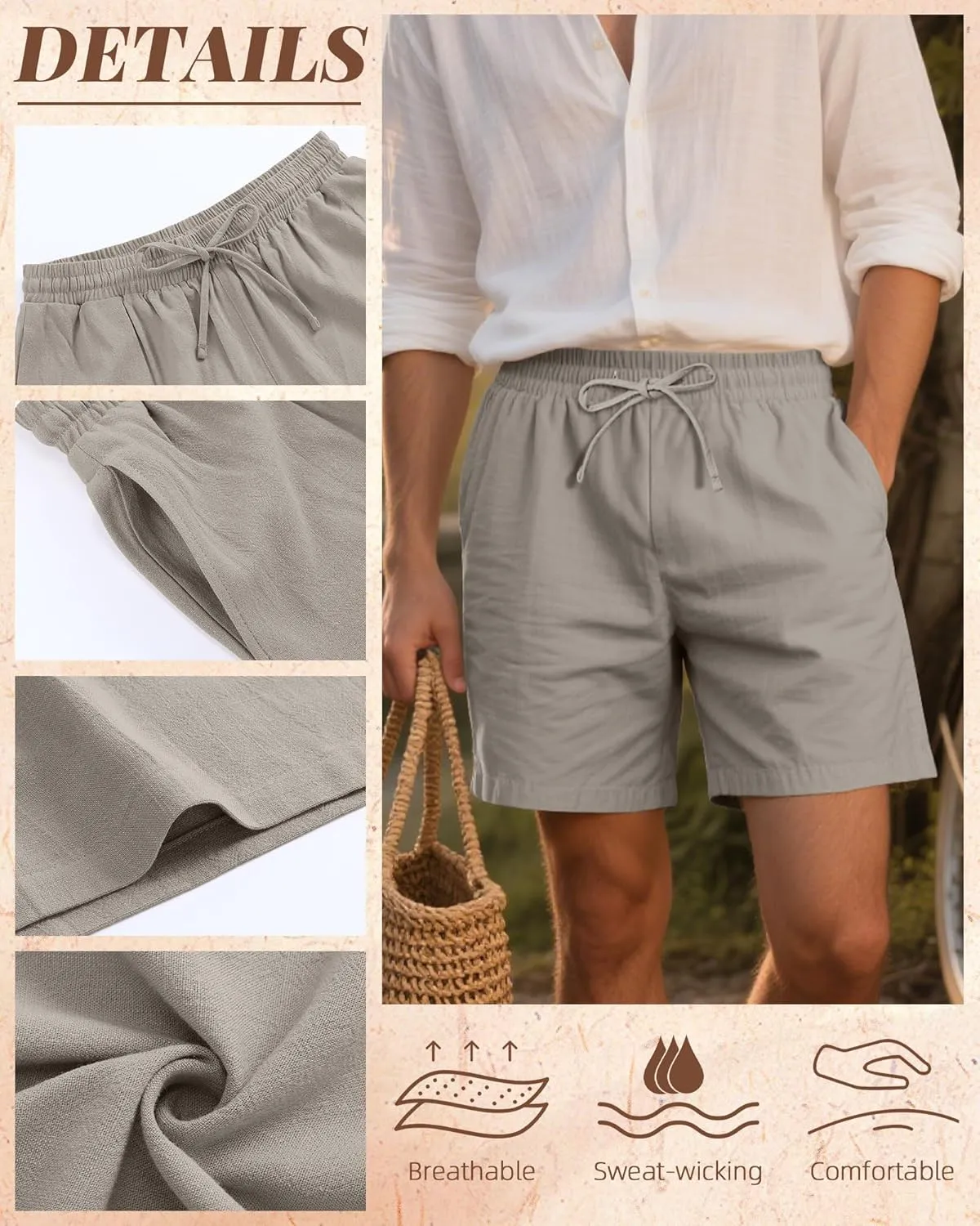 Neer 3 Pack Men's Cotton Linen Shorts Elastic Waist Drawstring Summer Casual Beach Shorts with Pockets