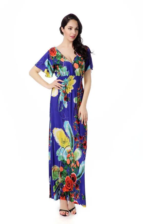 Printed V Neck Short Sleeve Summer Bohemia Maxi Dress