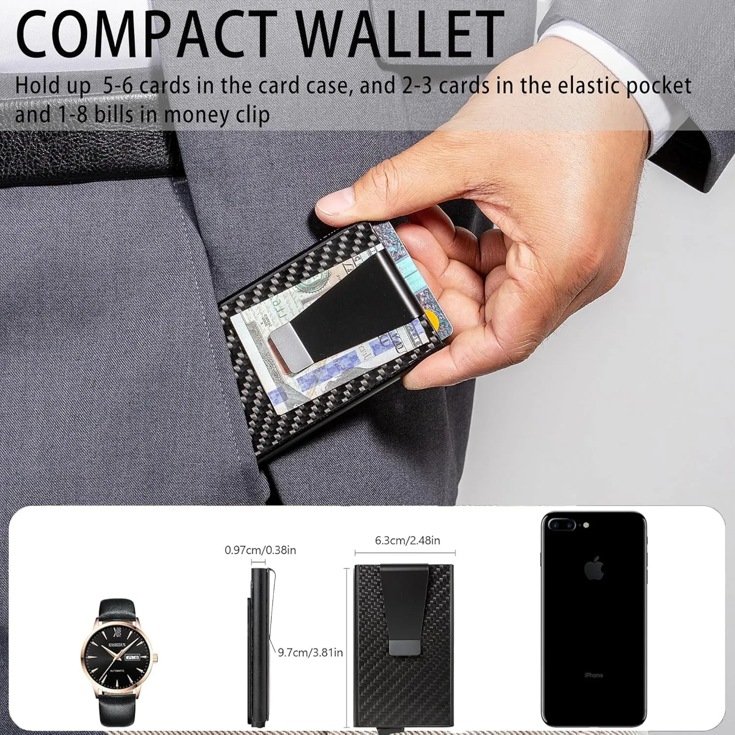 Slim Wallet for Men,RFID Blocking Pop up Card Holder Minimalist Business Credit Card Wallet with Money Pocket & Money Clip Metal Card Case(Carbon Fiber)