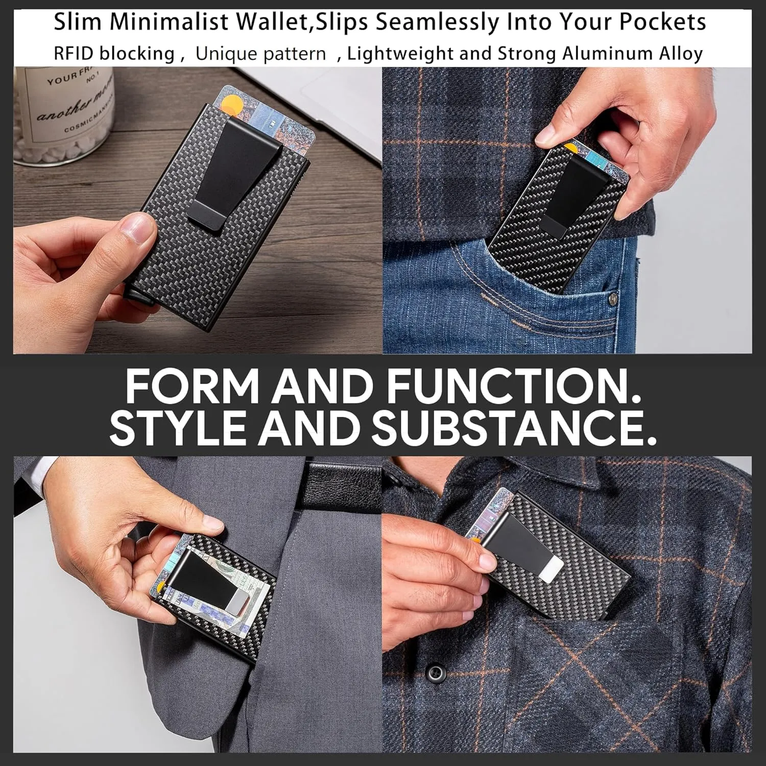 Slim Wallet for Men,RFID Blocking Pop up Card Holder Minimalist Business Credit Card Wallet with Money Pocket & Money Clip Metal Card Case(Carbon Fiber)
