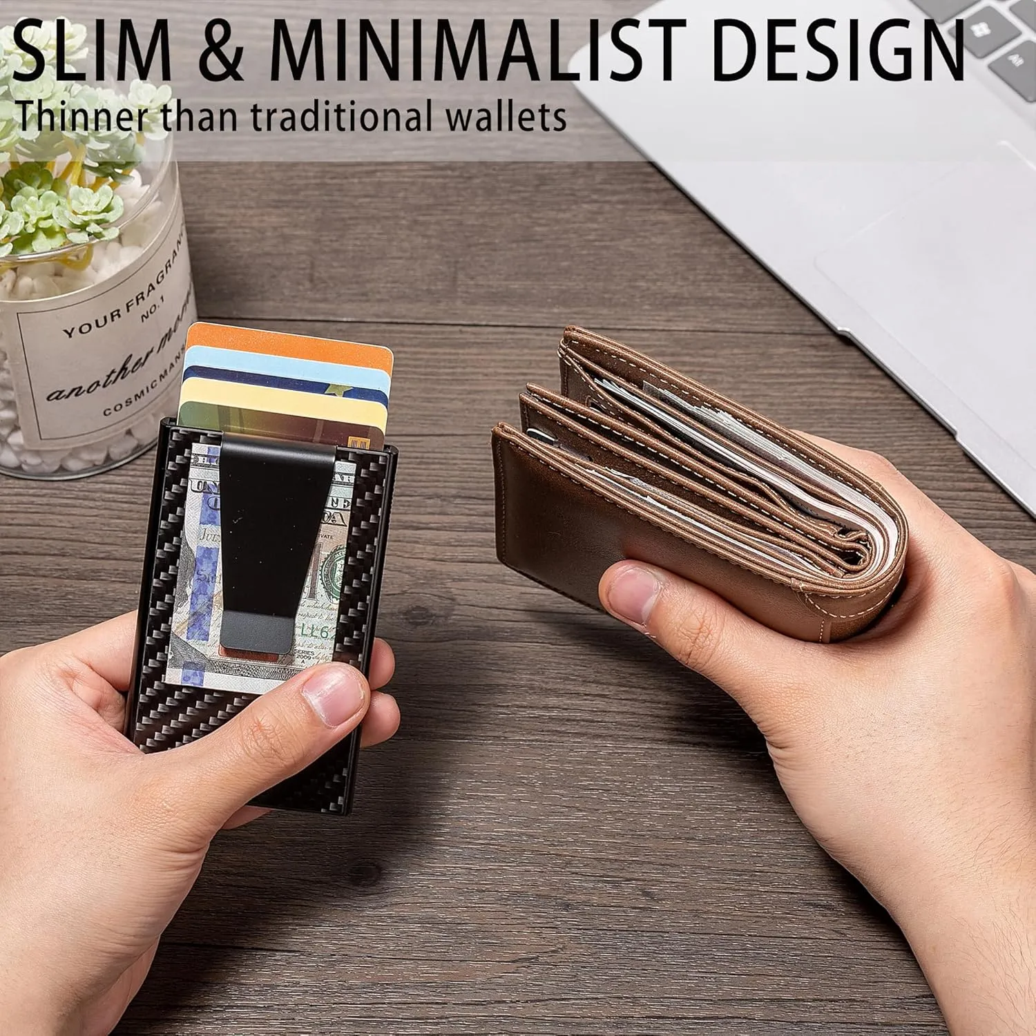 Slim Wallet for Men,RFID Blocking Pop up Card Holder Minimalist Business Credit Card Wallet with Money Pocket & Money Clip Metal Card Case(Carbon Fiber)