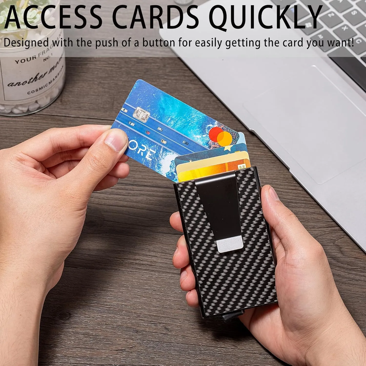 Slim Wallet for Men,RFID Blocking Pop up Card Holder Minimalist Business Credit Card Wallet with Money Pocket & Money Clip Metal Card Case(Carbon Fiber)