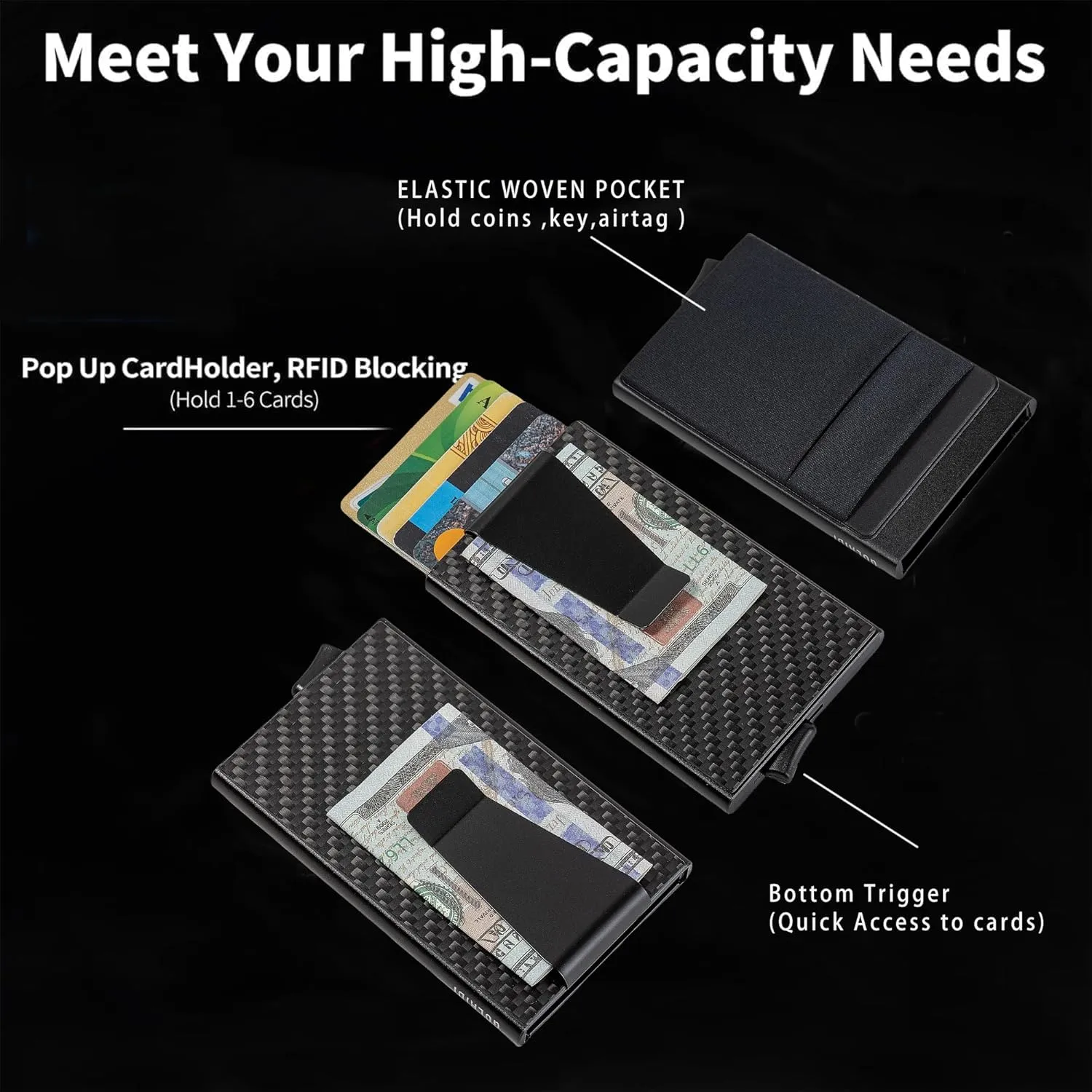 Slim Wallet for Men,RFID Blocking Pop up Card Holder Minimalist Business Credit Card Wallet with Money Pocket & Money Clip Metal Card Case(Carbon Fiber)