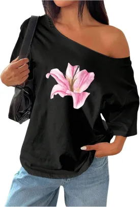 Women's Off The Shoulder Tops Floral Graphic Oversized Tshirts Shirts Y2k Summer Tops Trendy