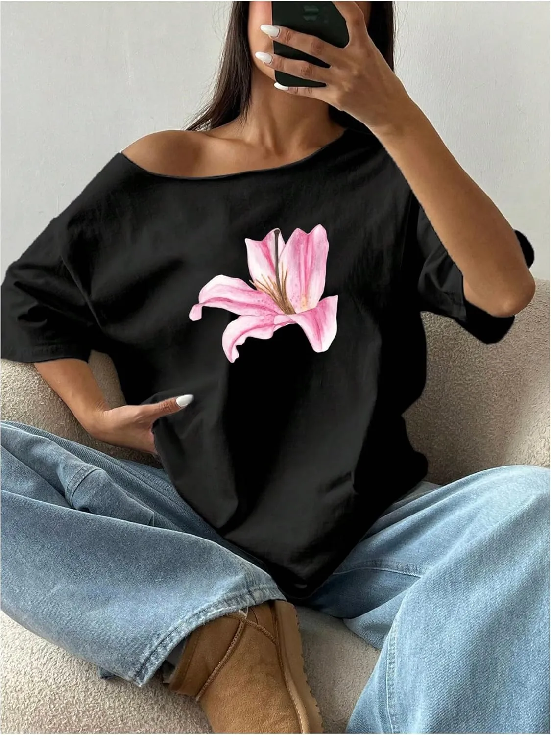 Women's Off The Shoulder Tops Floral Graphic Oversized Tshirts Shirts Y2k Summer Tops Trendy