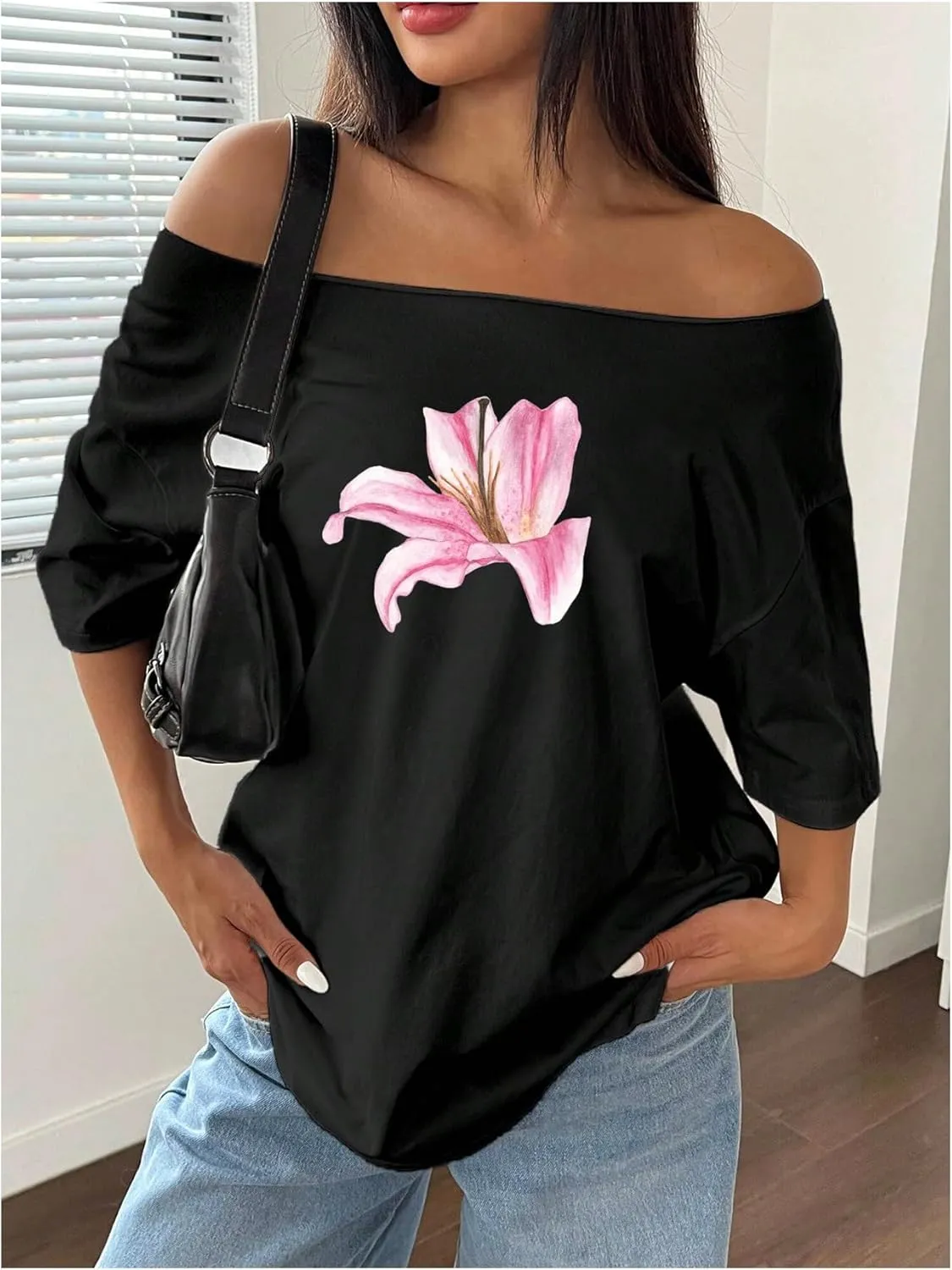 Women's Off The Shoulder Tops Floral Graphic Oversized Tshirts Shirts Y2k Summer Tops Trendy